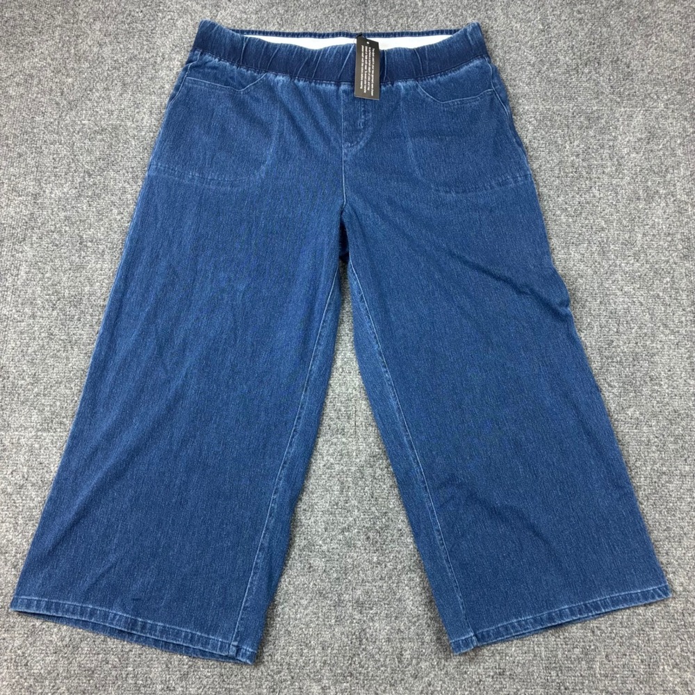 Denim & Co Womens Size Large Blue Medium Wash Wide Leg Pull On Crop Jeans NEW
